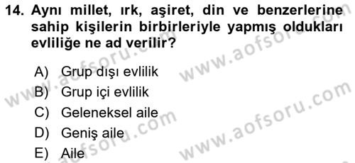 Aile Sosyolojisi Dersi 2024 - 2025 Yılı (Vize) Ara Sınav Soruları 14. Soru
