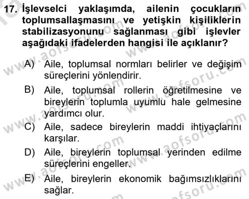 Aile Sosyolojisi Dersi Ara Sınavı Deneme Sınav Soruları 17. Soru