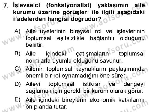 Aile Sosyolojisi Dersi Ara Sınavı Deneme Sınav Soruları 7. Soru