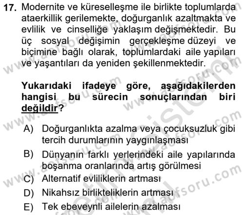 Aile Sosyolojisi Dersi 2025 - 2026 Yılı (Final) Dönem Sonu Sınav Soruları 17. Soru
