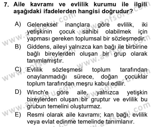 Aile Sosyolojisi Dersi 2025 - 2026 Yılı (Final) Dönem Sonu Sınav Soruları 7. Soru