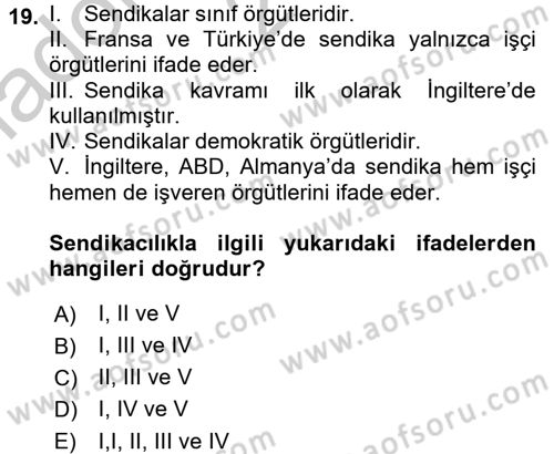 Endüstri Sosyolojisi Dersi 2016 - 2017 Yılı (Vize) Ara Sınav Soruları 19. Soru
