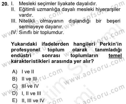 Endüstri Sosyolojisi Dersi 2018 - 2019 Yılı (Final) Dönem Sonu Sınavı 20. Soru