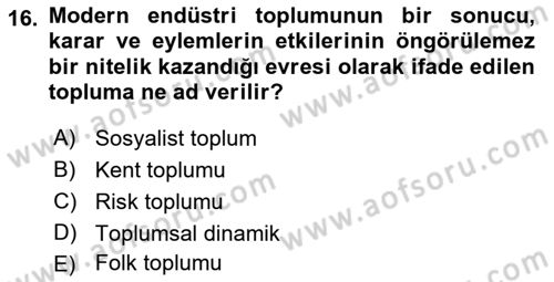 Endüstri Sosyolojisi Dersi 2018 - 2019 Yılı Yaz Okulu Sınavı 16. Soru