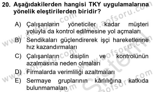 Endüstri Sosyolojisi Dersi 2023 - 2024 Yılı Yaz Okulu Sınav Soruları 20. Soru