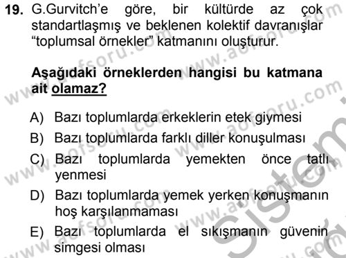 Kültür Sosyolojisi Dersi 2012 - 2013 Yılı (Vize) Ara Sınav Soruları 19. Soru
