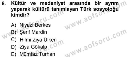 Kültür Sosyolojisi Dersi 2012 - 2013 Yılı (Vize) Ara Sınav Soruları 6. Soru