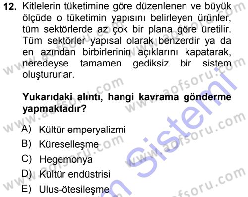 Kültür Sosyolojisi Dersi 2012 - 2013 Yılı (Final) Dönem Sonu Sınav Soruları 12. Soru