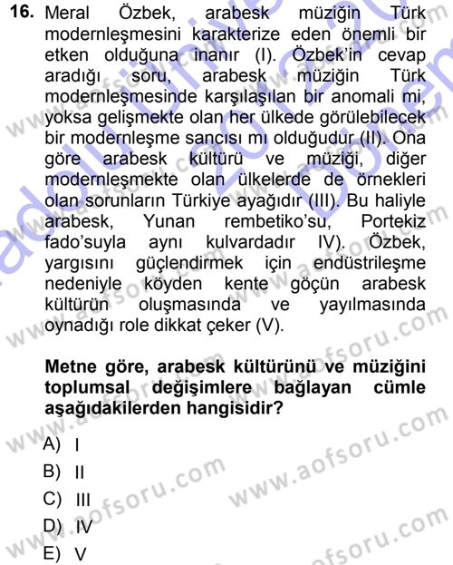 Kültür Sosyolojisi Dersi 2012 - 2013 Yılı (Final) Dönem Sonu Sınav Soruları 16. Soru