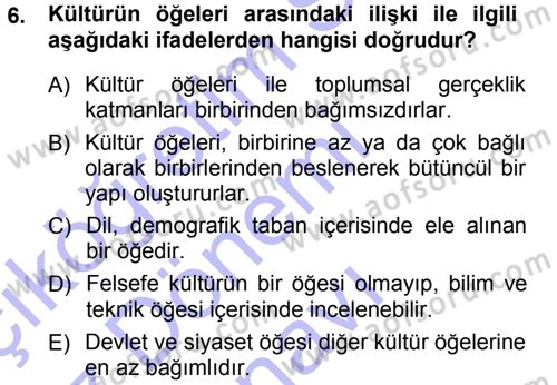 Kültür Sosyolojisi Dersi 2012 - 2013 Yılı (Final) Dönem Sonu Sınav Soruları 6. Soru