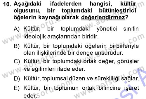 Kültür Sosyolojisi Dersi Ara Sınavı Deneme Sınav Soruları 10. Soru