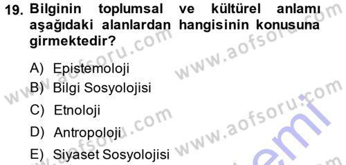 Kültür Sosyolojisi Dersi 2013 - 2014 Yılı (Vize) Ara Sınav Soruları 19. Soru