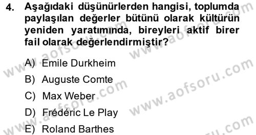 Kültür Sosyolojisi Dersi 2013 - 2014 Yılı (Final) Dönem Sonu Sınav Soruları 4. Soru