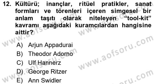 Kültür Sosyolojisi Dersi 2015 - 2016 Yılı (Vize) Ara Sınav Soruları 12. Soru