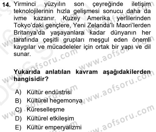 Kültür Sosyolojisi Dersi 2015 - 2016 Yılı Tek Ders Sınav Soruları 14. Soru