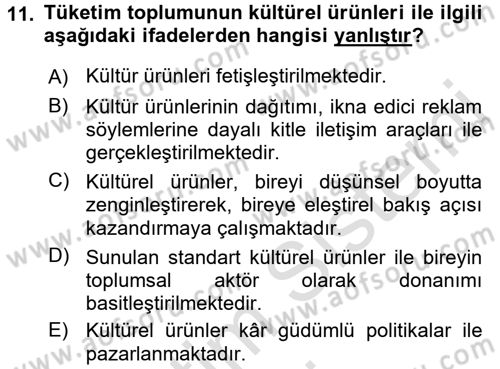 Kültür Sosyolojisi Dersi 2016 - 2017 Yılı (Vize) Ara Sınav Soruları 11. Soru