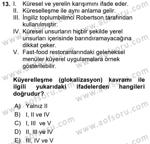 Kültür Sosyolojisi Dersi 2016 - 2017 Yılı (Vize) Ara Sınav Soruları 13. Soru
