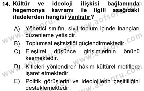 Kültür Sosyolojisi Dersi 2016 - 2017 Yılı (Vize) Ara Sınav Soruları 14. Soru