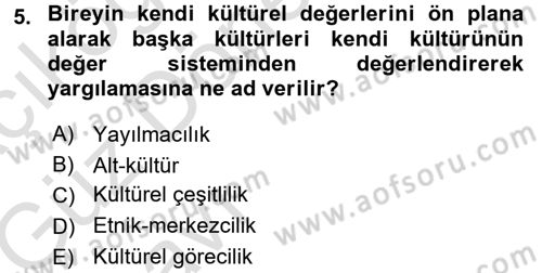 Kültür Sosyolojisi Dersi 2016 - 2017 Yılı (Vize) Ara Sınav Soruları 5. Soru
