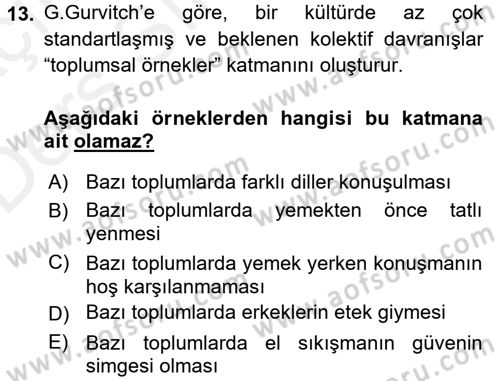 Kültür Sosyolojisi Dersi 2017 - 2018 Yılı 3 Ders Sınav Soruları 13. Soru