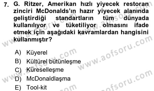Kültür Sosyolojisi Dersi 2017 - 2018 Yılı 3 Ders Sınav Soruları 7. Soru