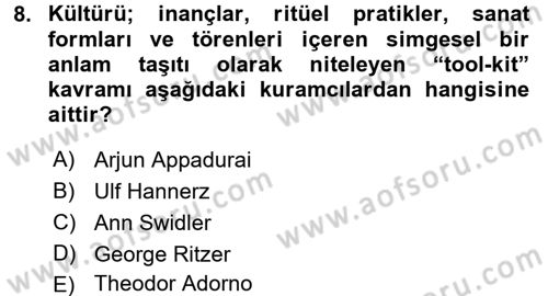 Kültür Sosyolojisi Dersi 2017 - 2018 Yılı 3 Ders Sınav Soruları 8. Soru