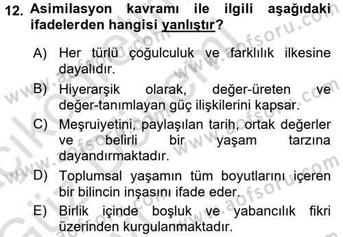 Kültür Sosyolojisi Dersi Ara Sınavı Deneme Sınav Soruları 12. Soru