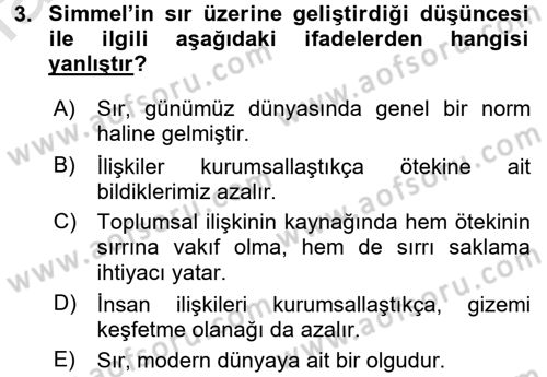 Kültür Sosyolojisi Dersi 2017 - 2018 Yılı (Vize) Ara Sınav Soruları 3. Soru