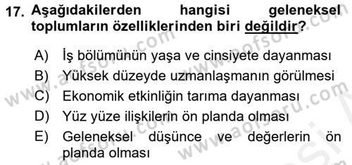 Kültür Sosyolojisi Dersi 2018 - 2019 Yılı (Vize) Ara Sınav Soruları 17. Soru