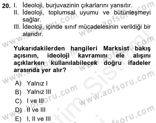 Kültür Sosyolojisi Dersi 2018 - 2019 Yılı (Vize) Ara Sınav Soruları 20. Soru