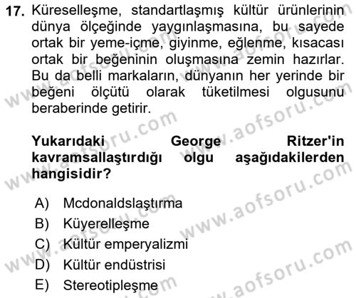 Kültür Sosyolojisi Dersi 2018 - 2019 Yılı (Final) Dönem Sonu Sınav Soruları 17. Soru