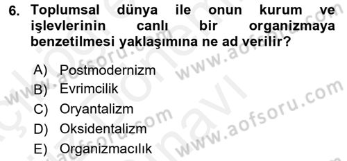 Kültür Sosyolojisi Dersi 2018 - 2019 Yılı (Final) Dönem Sonu Sınav Soruları 6. Soru