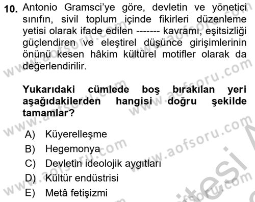 Kültür Sosyolojisi Dersi 2018 - 2019 Yılı Yaz Okulu Sınav Soruları 10. Soru