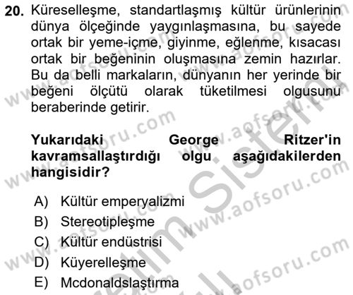 Kültür Sosyolojisi Dersi 2018 - 2019 Yılı Yaz Okulu Sınav Soruları 20. Soru