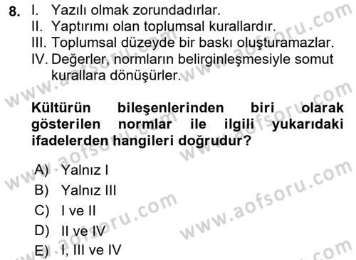 Kültür Sosyolojisi Dersi 2018 - 2019 Yılı Yaz Okulu Sınav Soruları 8. Soru