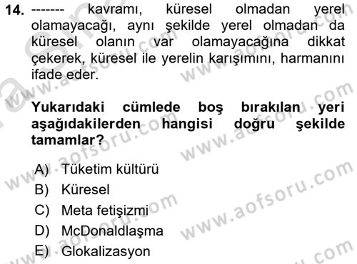 Kültür Sosyolojisi Dersi 2019 - 2020 Yılı (Vize) Ara Sınav Soruları 14. Soru