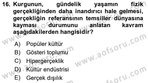Kültür Sosyolojisi Dersi 2019 - 2020 Yılı (Final) Dönem Sonu Sınav Soruları 16. Soru