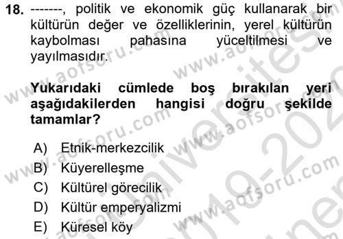 Kültür Sosyolojisi Dersi 2019 - 2020 Yılı (Final) Dönem Sonu Sınav Soruları 18. Soru