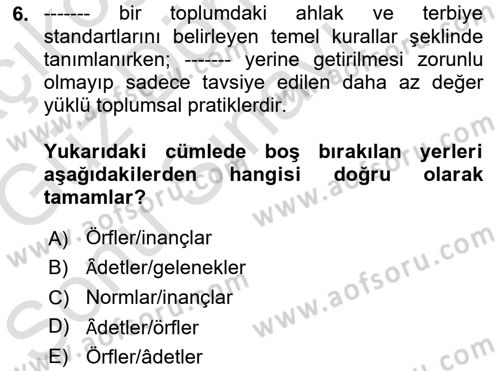 Kültür Sosyolojisi Dersi 2019 - 2020 Yılı (Final) Dönem Sonu Sınav Soruları 6. Soru