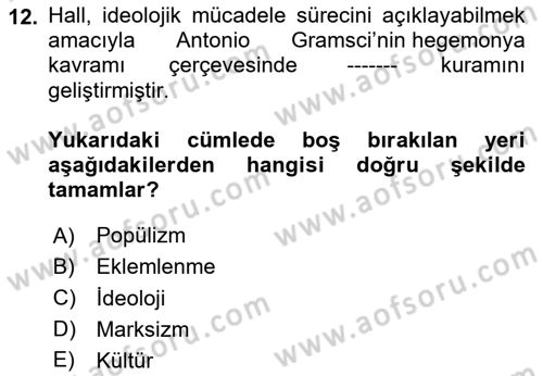 Kültür Sosyolojisi Dersi 2020 - 2021 Yılı Yaz Okulu Sınav Soruları 12. Soru