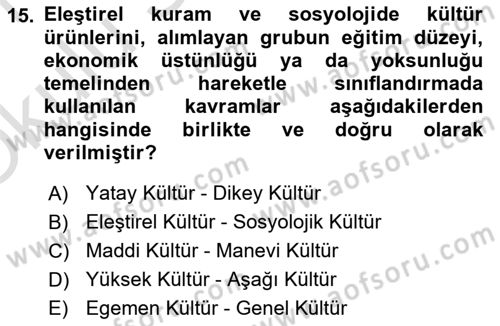Kültür Sosyolojisi Dersi 2020 - 2021 Yılı Yaz Okulu Sınav Soruları 15. Soru