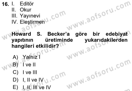 Kültür Sosyolojisi Dersi 2020 - 2021 Yılı Yaz Okulu Sınav Soruları 16. Soru