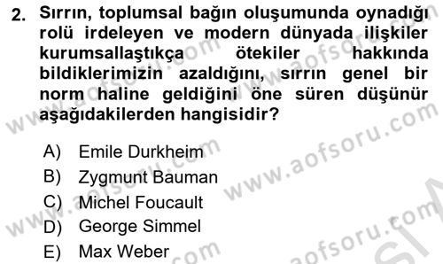Kültür Sosyolojisi Dersi 2020 - 2021 Yılı Yaz Okulu Sınav Soruları 2. Soru