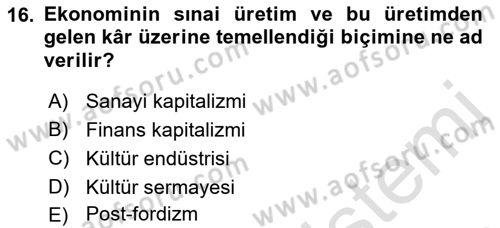 Kültür Sosyolojisi Dersi 2021 - 2022 Yılı (Final) Dönem Sonu Sınav Soruları 16. Soru