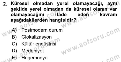 Kültür Sosyolojisi Dersi 2021 - 2022 Yılı (Final) Dönem Sonu Sınav Soruları 2. Soru