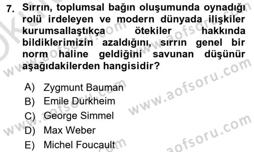 Kültür Sosyolojisi Dersi 2021 - 2022 Yılı Yaz Okulu Sınav Soruları 7. Soru