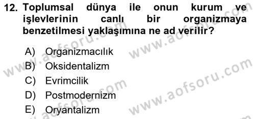 Kültür Sosyolojisi Dersi 2022 - 2023 Yılı (Vize) Ara Sınav Soruları 12. Soru