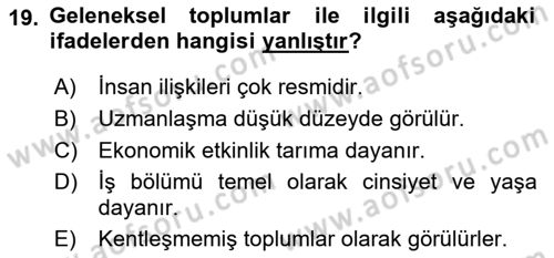 Kültür Sosyolojisi Dersi 2022 - 2023 Yılı (Vize) Ara Sınav Soruları 19. Soru