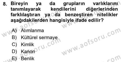 Kültür Sosyolojisi Dersi 2022 - 2023 Yılı (Final) Dönem Sonu Sınav Soruları 8. Soru