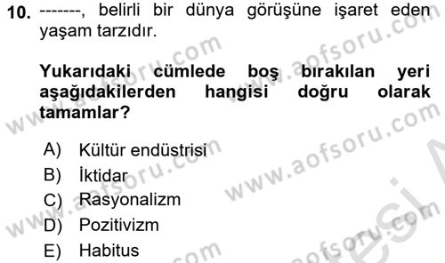 Kültür Sosyolojisi Dersi 2023 - 2024 Yılı (Vize) Ara Sınav Soruları 10. Soru